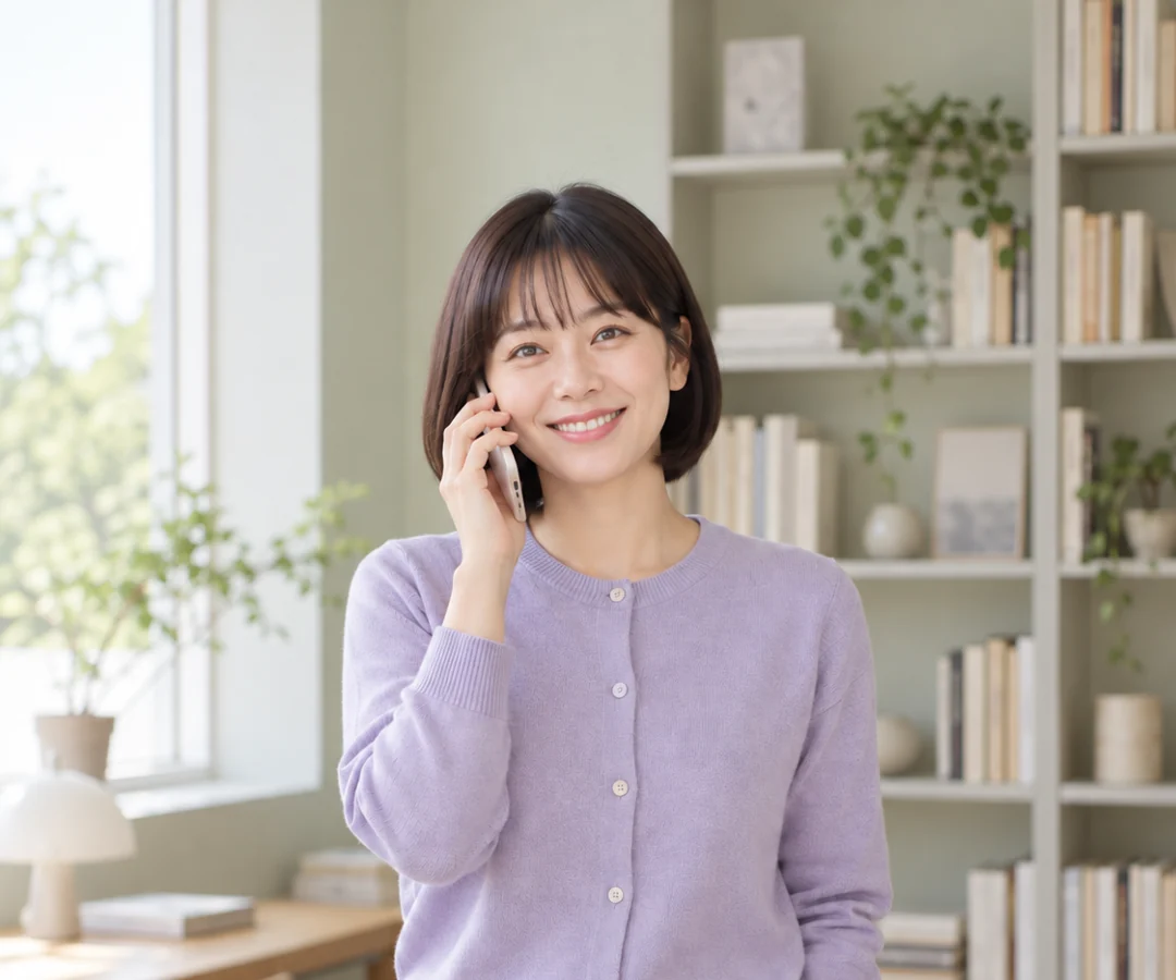 밝은 실내에서 휴대전화를 보며 웃는 고객